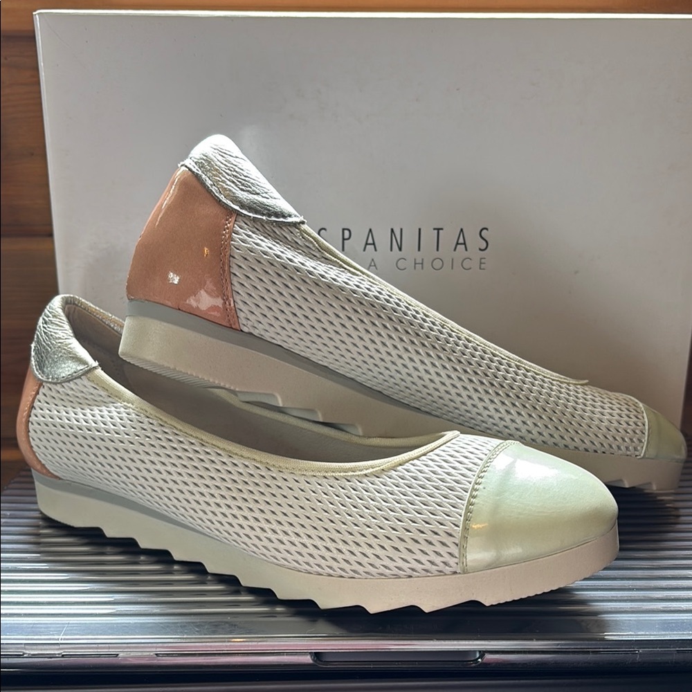 Anita White and Tan Comfort Flats with Perforated Design